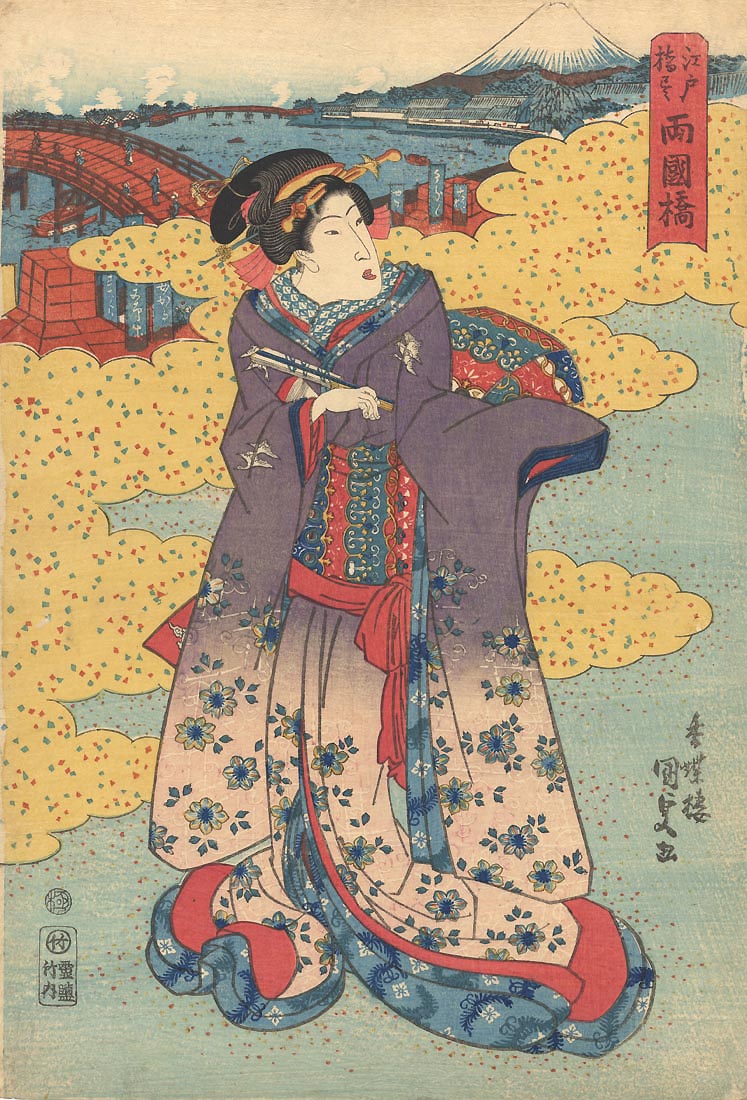 KUNISADA (1786-1865). Bijin and Ryogoku. (Sold) KUNISADA (1786-1865). Bijin and Ryogoku. (Sold)